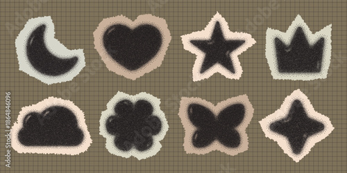 Paper collage shapes set with stipple dot texture. Vector collection of ripped newspaper scraps like moon crown heart and stars on grid background for modern zine design aesthetic.