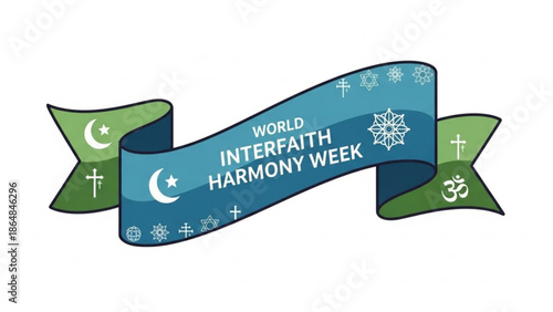 World Interfaith Harmony Week Banner with Religious Symbols
