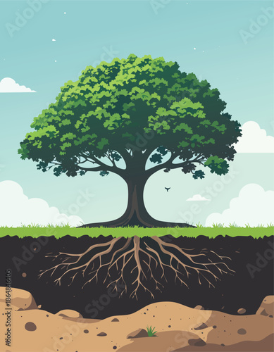Tree with deep roots in a serene landscape