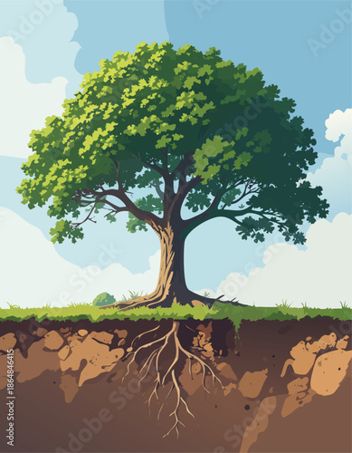 Illustration of a tree with deep roots