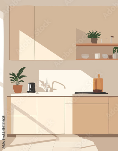 Modern kitchen interior with plants and countertop