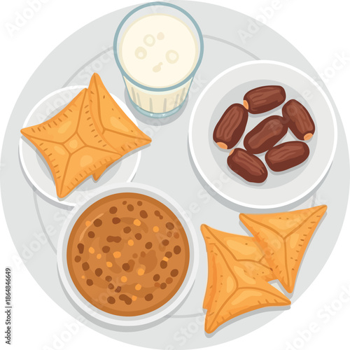 Ramadan Saudi Iftar Food Vector Clipart with Dates, Samosa, Soup and Milk on Plate