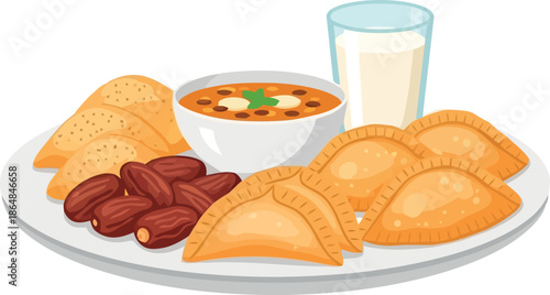 Ramadan Saudi Iftar Food Vector Clipart with Dates, Samosa, Soup and Milk on Plate