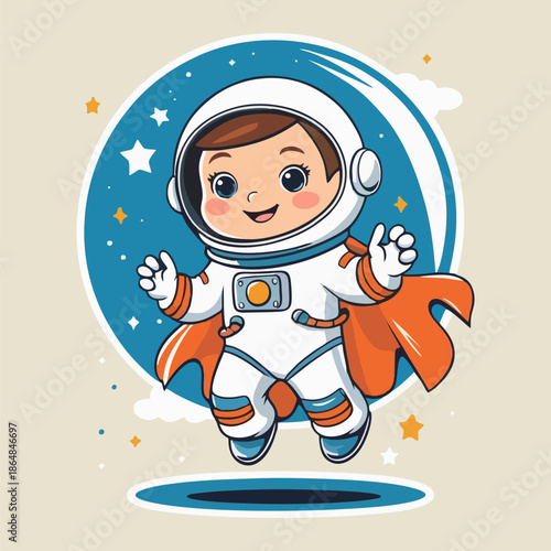 The adorable space explorer enthusiastically completes a successful interstellar mission wearing a vibrant super suit today.