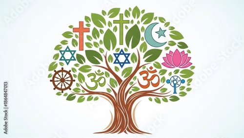 Interfaith Tree with Religious Symbols Representing Different World Religions