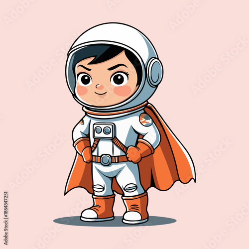 The cheerful adorable space cadet character is represented proudly wearing the bright white protective helmet and powerful jet boots.