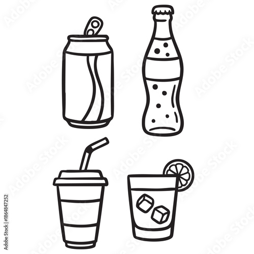 Hand Drawn Soda Cans and Soft Drink Cups Illustration