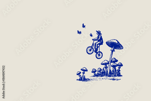 Whimsical Illustration of a Bee Riding a Bicycle Among Mushrooms
