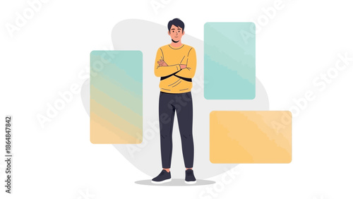 Young man standing confidently with crossed arms amidst colorful abstract shapes illustrating