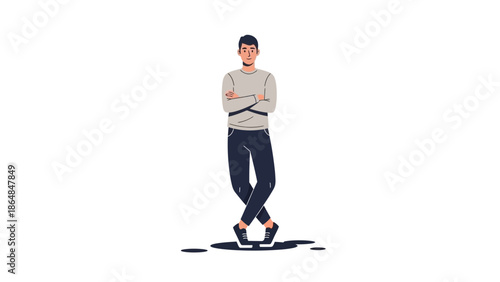 Young man standing in casual clothing with arms crossed in a confident pose showcasing style and