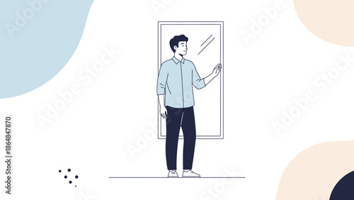 Young man standing in front of a full-length mirror checking his appearance indoors