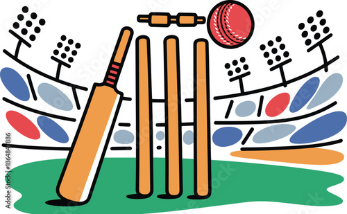Cricket bat and ball on the pitch with stumps Vector illustration