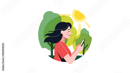 A woman in a red shirt, styled illustration, is seen outside in the sun. She holds a smartphone. Green trees and a sunny sky are in the background