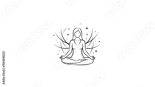 A woman in a seated meditation pose is surrounded by abstract lines and stars, conveying a sense of serenity. It's a black outline on white