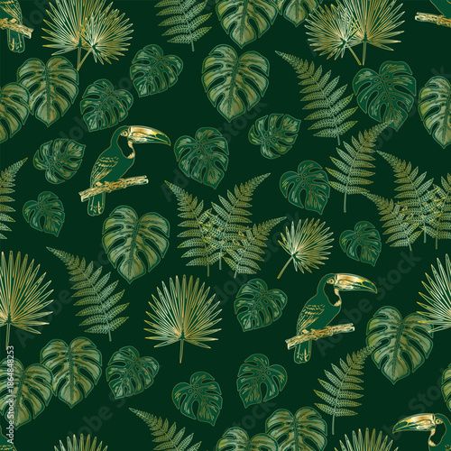 Luxury tropical seamless pattern with toucan bird and exotic leaves