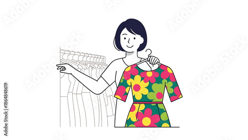 A woman in a shop looks at clothes on hangers. She holds a colorful dress with a floral pattern and seems indecisive