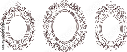 Ornate vintage oval mirror frames, baroque rococo decorative plaster frame set, isolated on white, classic wall decor design elements collection