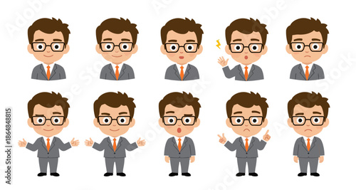 Cartoon Businessman Character Set: Avatars with Various Facial Expressions and Body Poses, including Happy, Surprised, Sad, and Pointing.