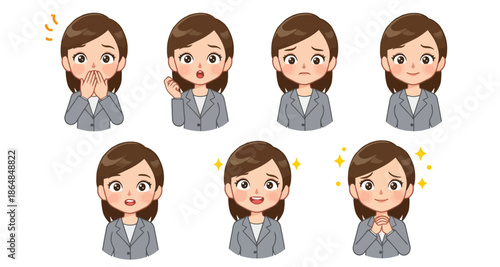 Cartoon Businesswoman Avatar Set Showing Various Emotions and Facial Expressions (Surprise, Joy, Sadness)