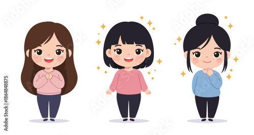 Collection of Three Cute Happy Cartoon Girls with Different Hairstyles and Sparkling Aura