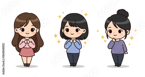 Cute Chibi Cartoon Women Set with Sparkles Expressing Joy, Shyness, and Contemplation