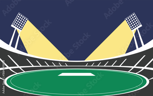 Cricket stadium with floodlights and green field Vector illustration