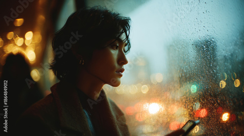 Cinematic Photo of Androgynous Asian Person Looking at Smartphone Screen Glow at Night