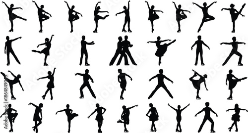 Set of black figure skater silhouettes, ice dancing athlete icons, winter sports vector illustrations for competition posters, skating rink branding, and athletic achievement.