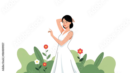 A woman in a white dress stands gracefully among flowers and greenery. She is depicted in a stylized vector illustration, with closed eyes