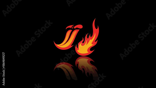 A vibrant graphic design features flames in shades of red, orange, and yellow against a black background. The flames have a reflection