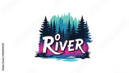 A vibrant graphic, featuring stylized evergreen trees in varying shades of blue, teal, and pink, framing the white word "RIVER" with a water element below