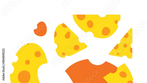 A vibrant graphic arrangement features various cheese wedges and small circular elements on a stark white background. The cheese is yellow, with orange holes