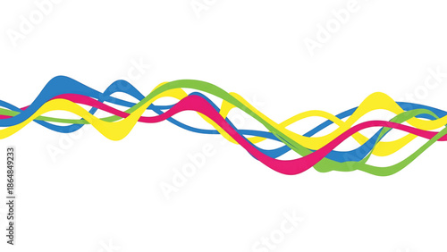 A vibrant graphic, featuring an undulating arrangement of colored wavy lines on a white background. The lines intertwine and overlap