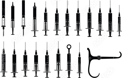 Set of black medical syringe silhouettes, hypodermic needle icons, isolated healthcare vector illustrations for vaccination, laboratory research, medicine injection, and clinical treatment graphics.