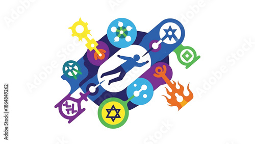 A vibrant graphic, a stylized figure floating amidst various colorful, symbolic shapes connected by a flowing blue form. The composition is dynamic and full of energy