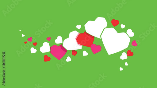 A vibrant, geometric illustration showcasing scattered heart shapes in shades of white, red and pink against a bright green backdrop, a symbol of love and affection