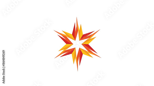 A vibrant, geometric illustration showcasing a starburst shape, created with layers of orange and yellow angular elements against white