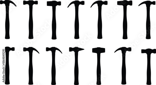 Set of black hammer silhouettes, various carpenter tool icons, construction hardware vector illustrations for DIY renovation, woodworking equipment, and industrial repair service graphics.