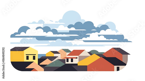 A vibrant, geometric illustration of a town under a cloudy sky. Houses with colorful roofs are nestled below layered clouds