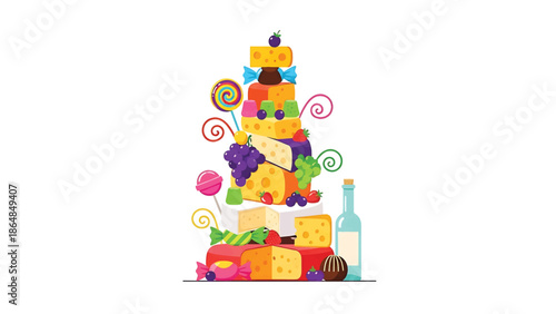 A whimsical illustration depicts a tower of cheeses layered with sweets and fruits, alongside a bottle. The design has a playful, cartoon-like aesthetic