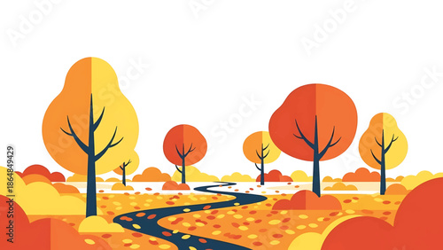 A whimsical illustration depicts an autumn scene. Stylized trees of varying sizes and warm colors stand near a winding path littered with fallen leaves
