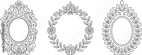 Vintage ornate oval frames set, classic floral carved borders, elegant decorative mirror frames illustration for luxury branding, invitations, wall decor
