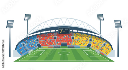 Vibrant Football Stadium with Spectators and Scoreboard During a Match