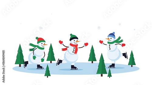 A whimsical illustration depicts three snowmen ice skating on a blue rink surrounded by pine trees, set against a white background