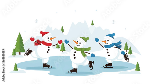 A whimsical illustration depicts three snowmen ice skating on a frozen pond. They wear hats, scarves, and mittens, with pine trees and mountains in the background