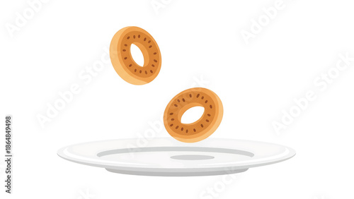 A whimsical illustration depicts two ring-shaped pastries suspended in mid-air above a white plate, set against a blank backdrop