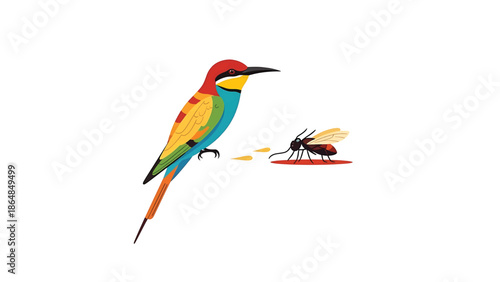 A vibrantly colored bird perches, seemingly about to attack an insect. Spilled liquid is near the bug. White background