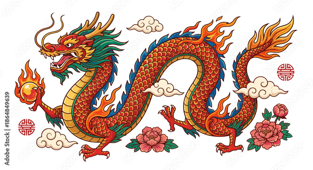 Fototapeta premium Vibrant Chinese Dragon Illustration with Fiery Accents and Floral Embellishments, Symbolizing Power and Good Fortune