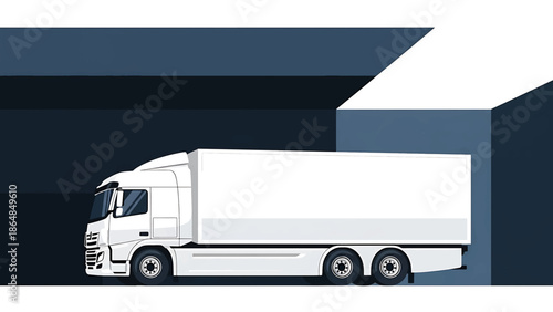 A white cargo truck is positioned against a textured dark blue and white abstract background, inside of a cuboid space