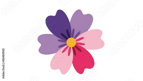 A vibrant six-petaled flower illustration, featuring shades of purple, pink, and yellow. The petals have a textured appearance